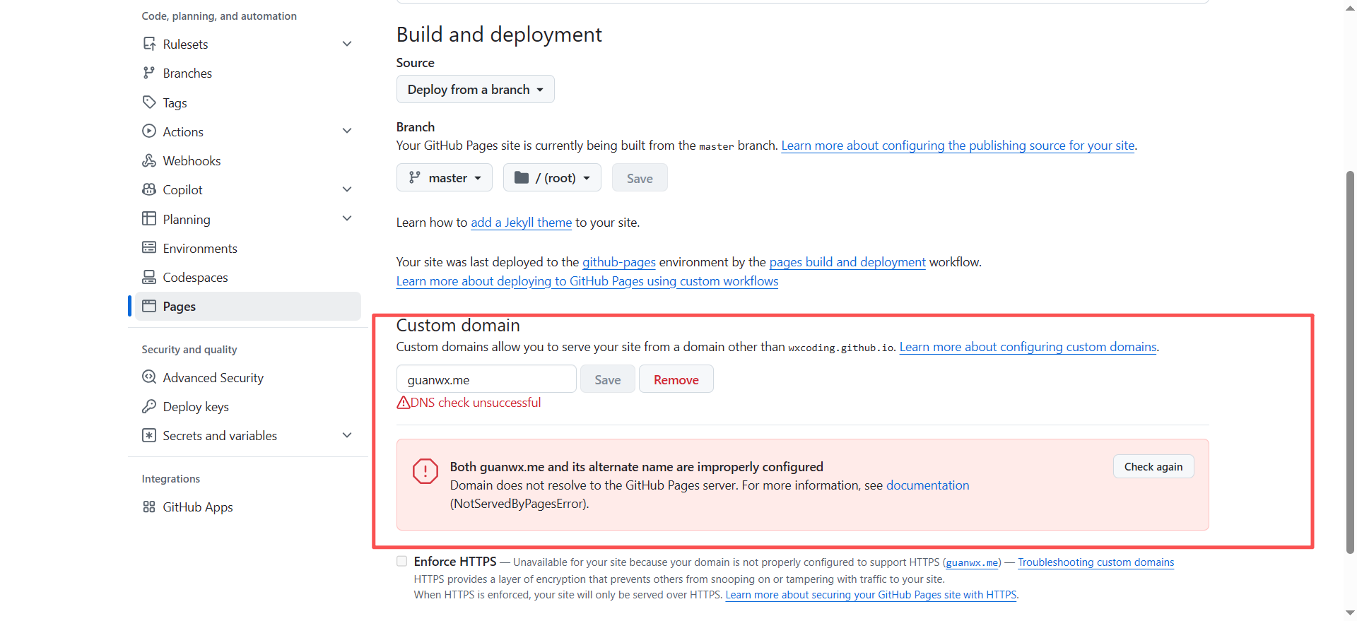 GitHub Pages 报 DNS check unsuccessful
